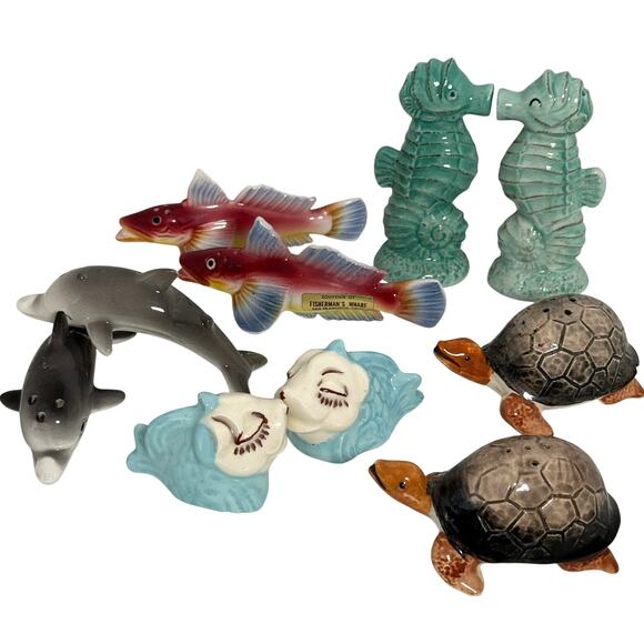 Vintage Lot 5 Ocean Fish Ceramic Salt Pepper Shakers SeaHorse Turtle Dolphin - Picture 1 of 9